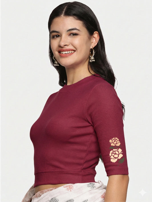Women Back Printed Stretchable Elbow Sleeve RIB Blouse U0114 Wine Pink