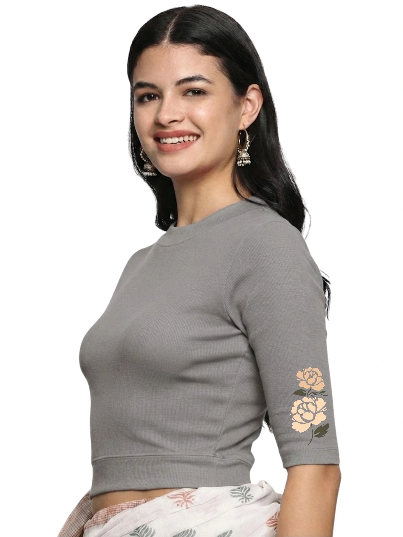Women Back Printed Stretchable Elbow Sleeve RIB Blouse U0114 LT Steel Grey