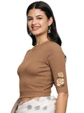 Women Back Printed Stretchable Elbow Sleeve RIB Blouse U0114 Biscuit