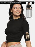 Women Back Printed Stretchable Elbow Sleeve RIB Blouse U0114 Black