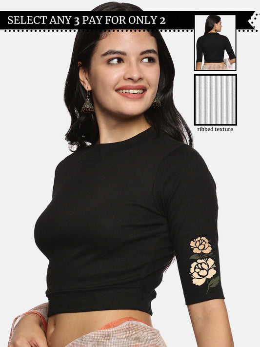 Women Back Printed Stretchable Elbow Sleeve RIB Blouse U0114 Black