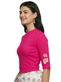 Women Back Printed Stretchable Elbow Sleeve RIB Blouse U0114 Rani Pink