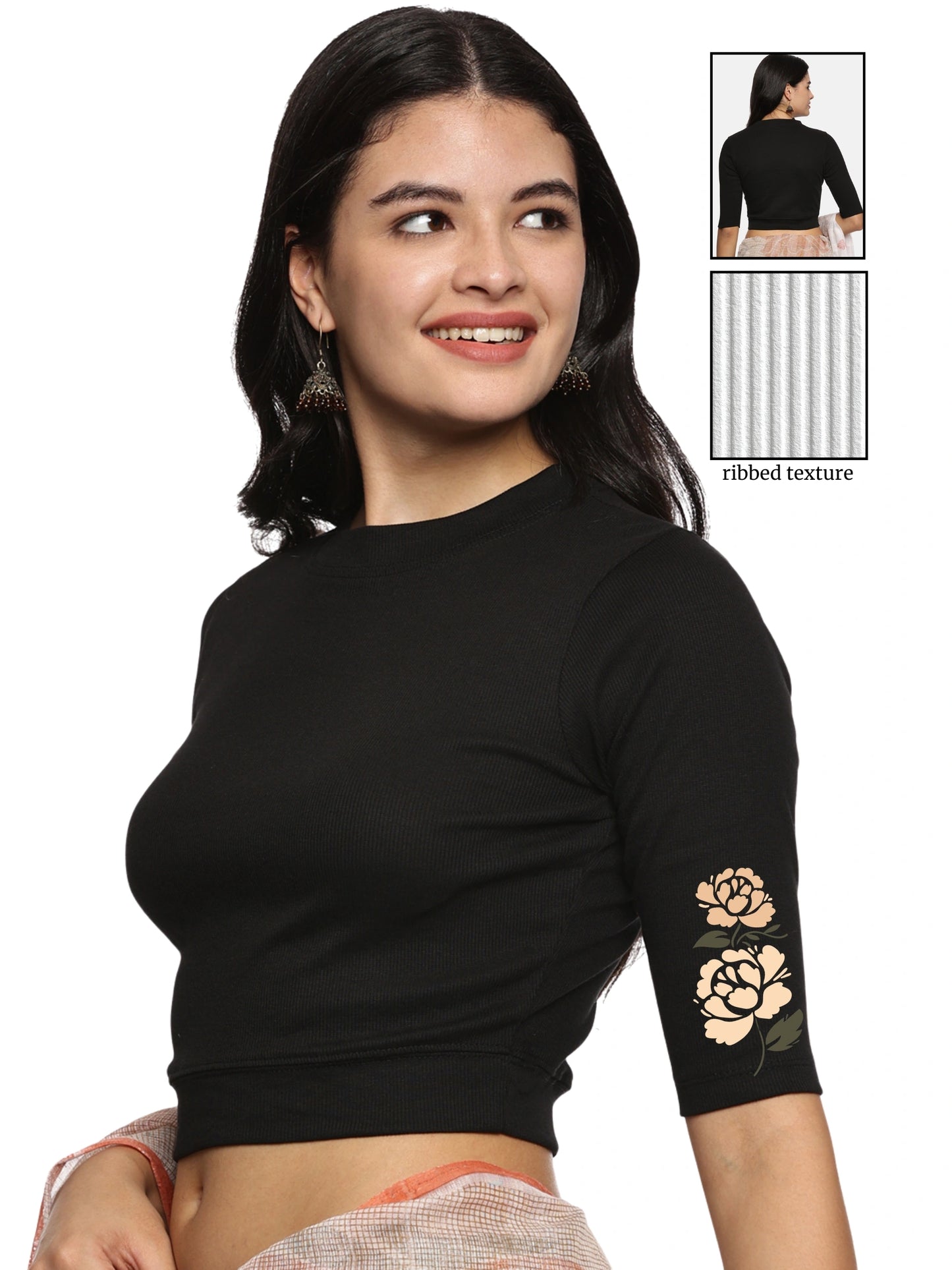 Women Back Printed Stretchable Elbow Sleeve RIB Blouse U0114 Black
