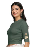 Women Back Printed Stretchable Elbow Sleeve RIB Blouse U0114 Khaki Green