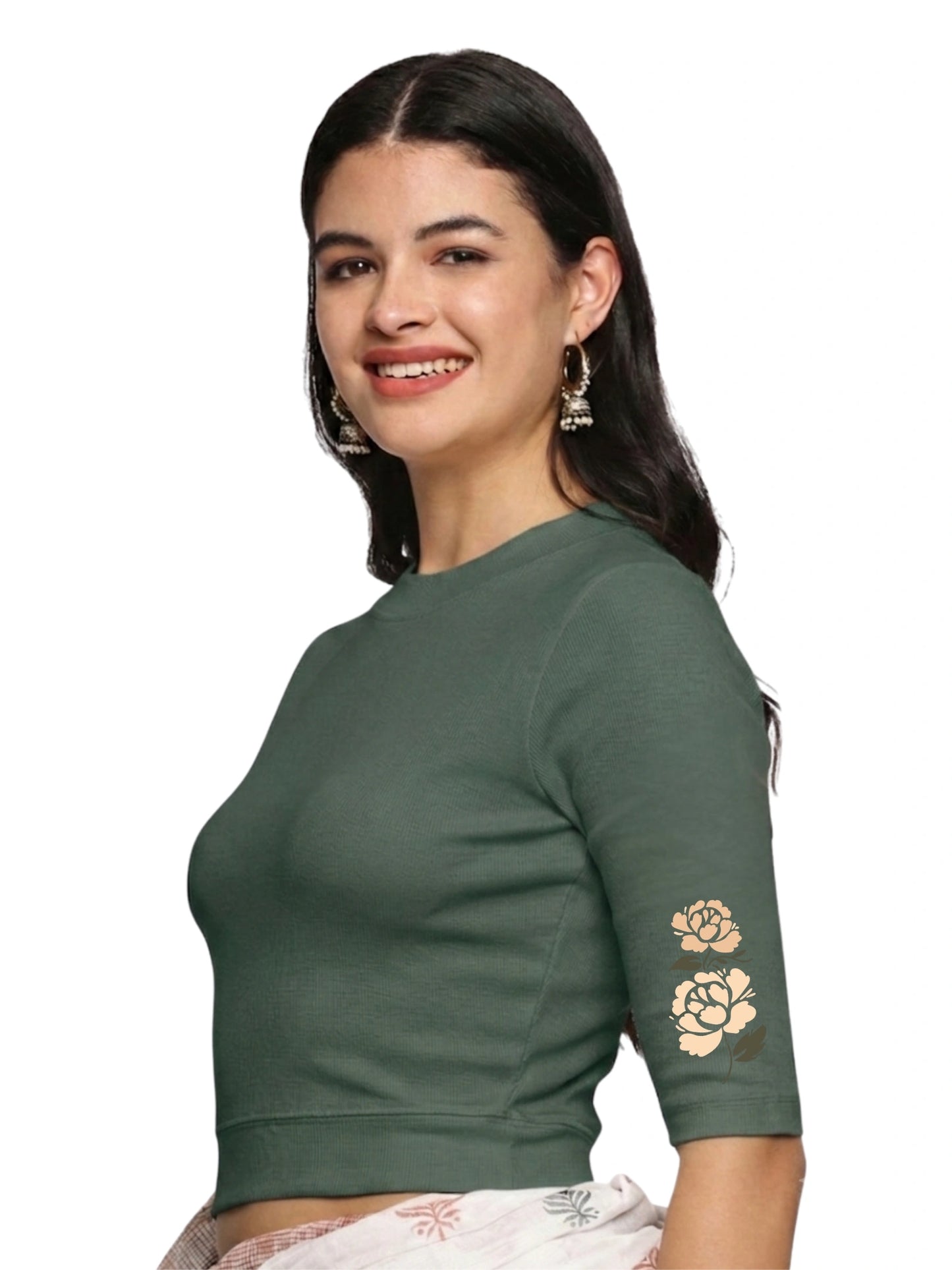 Women Back Printed Stretchable Elbow Sleeve RIB Blouse U0114 Khaki Green