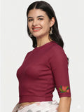 Women Back Printed Stretchable Elbow Sleeve RIB Blouse U0115 Wine Pink