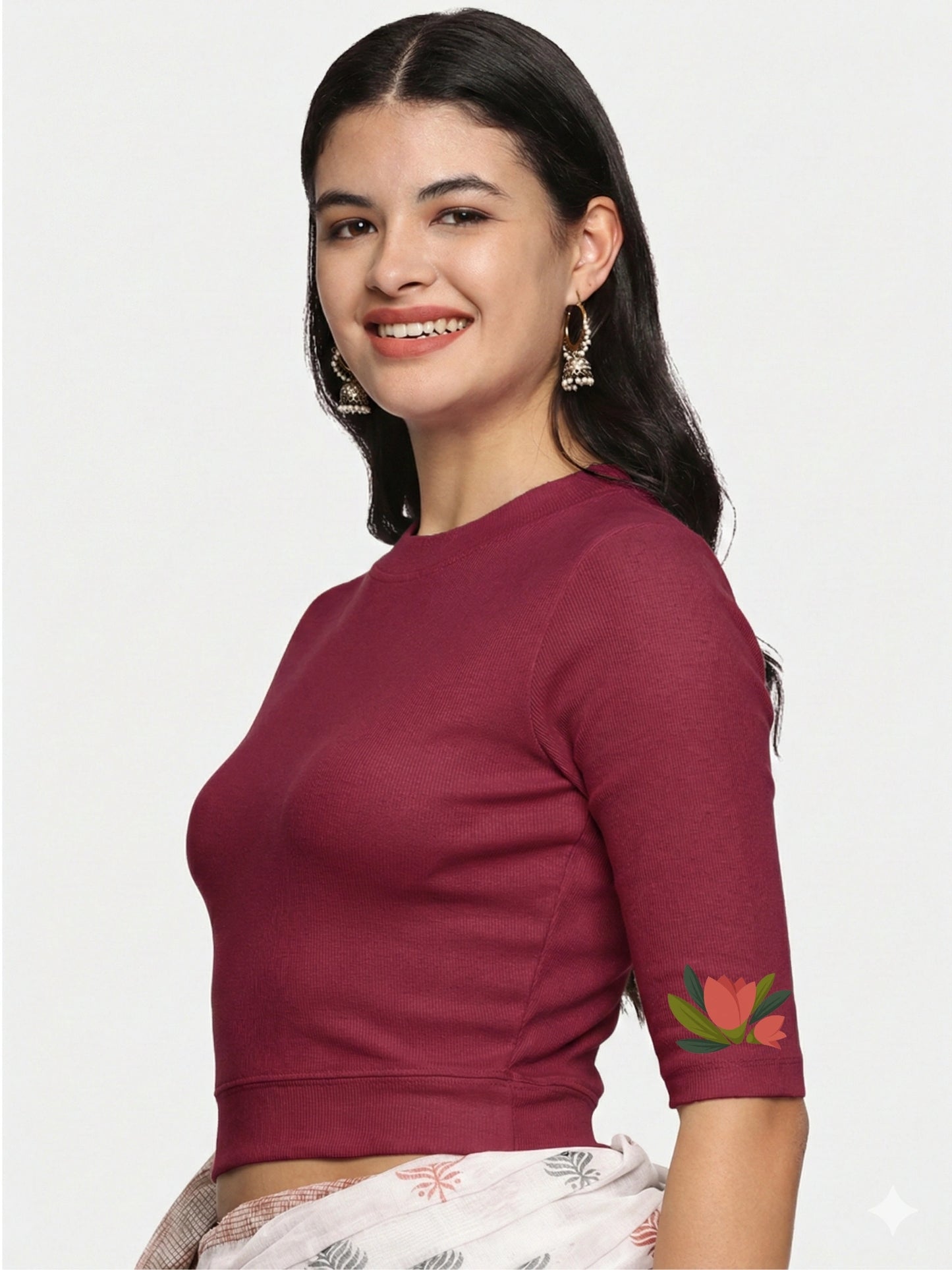 Women Back Printed Stretchable Elbow Sleeve RIB Blouse U0115 Wine Pink