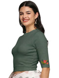 Women Back Printed Stretchable Elbow Sleeve RIB Blouse U0115 Khaki Green