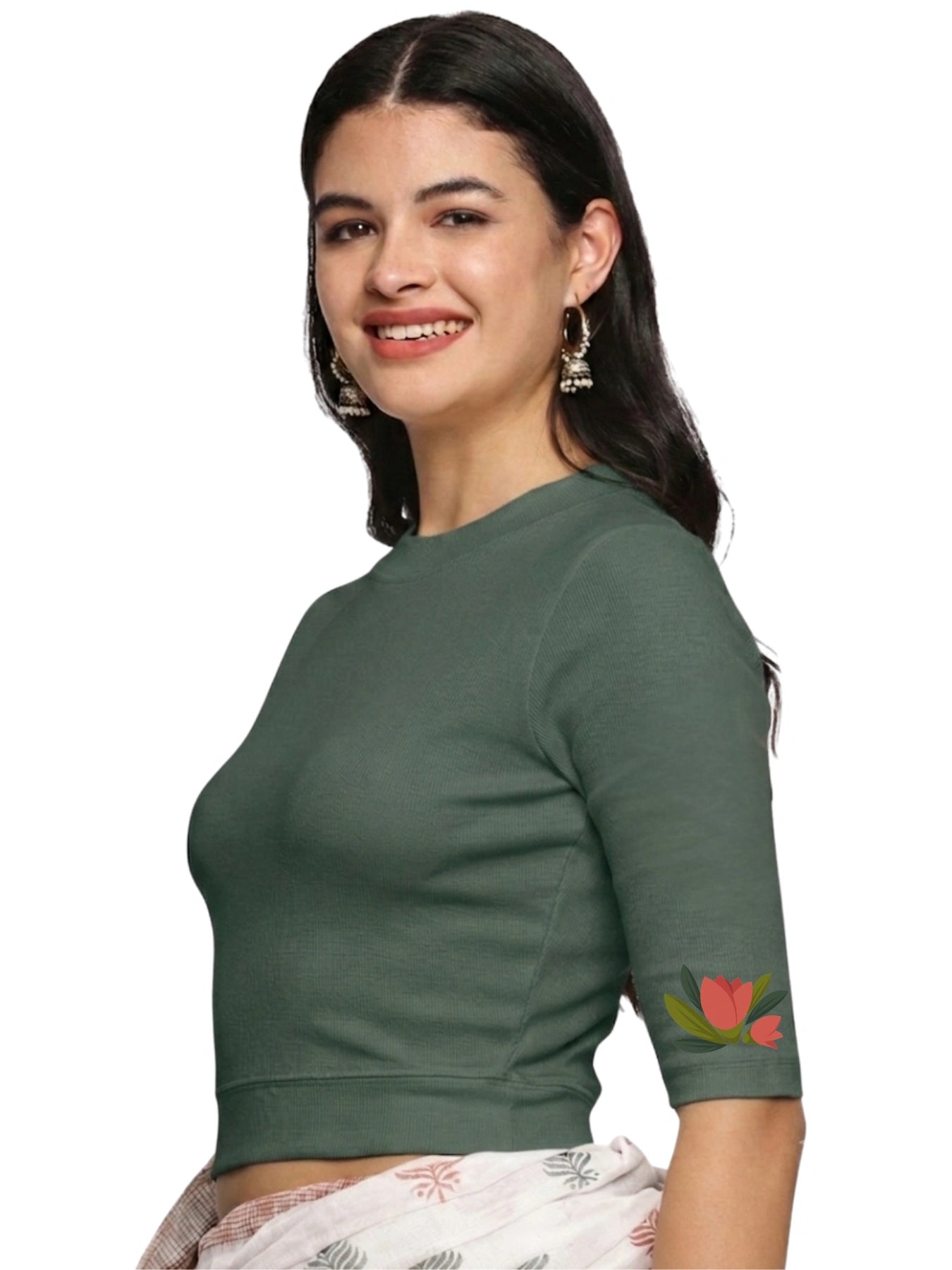 Women Back Printed Stretchable Elbow Sleeve RIB Blouse U0115 Khaki Green