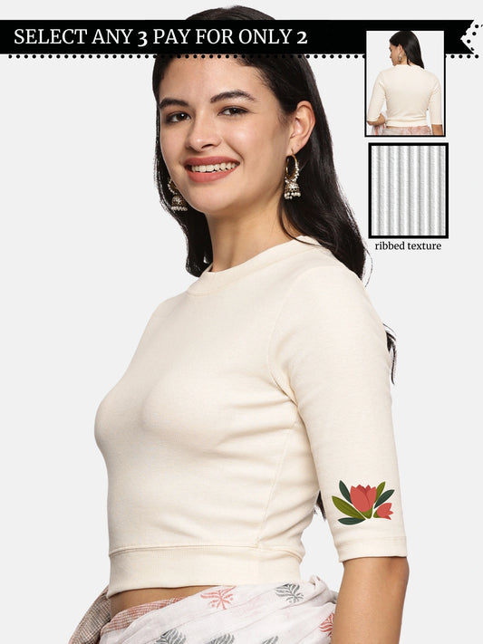 Women Back Printed Stretchable Elbow Sleeve RIB Blouse U0115 Cream