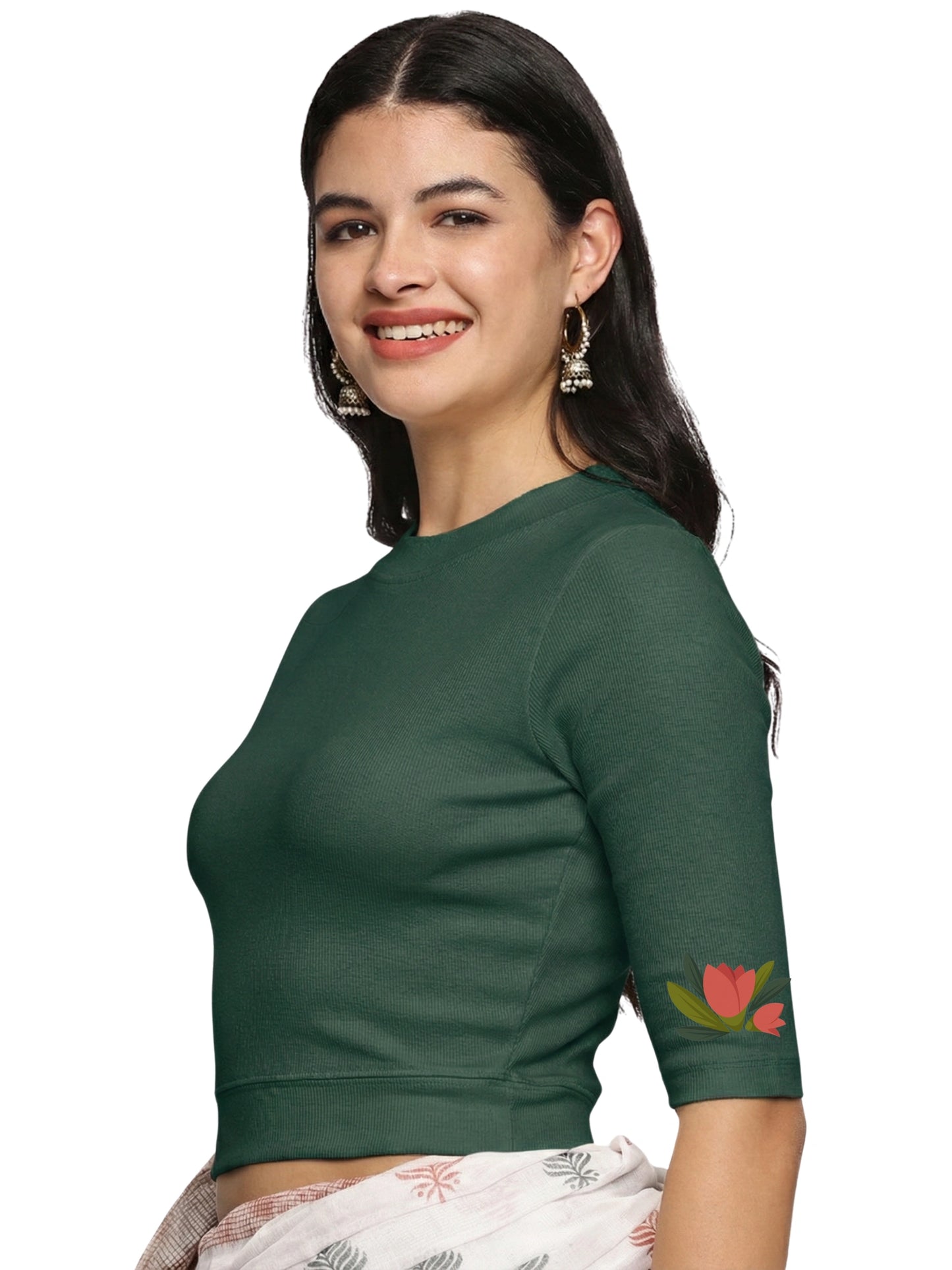 Women Back Printed Stretchable Elbow Sleeve RIB Blouse U0115 Khaki Green