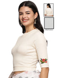 Women Back Printed Stretchable Elbow Sleeve RIB Blouse U0115 Cream