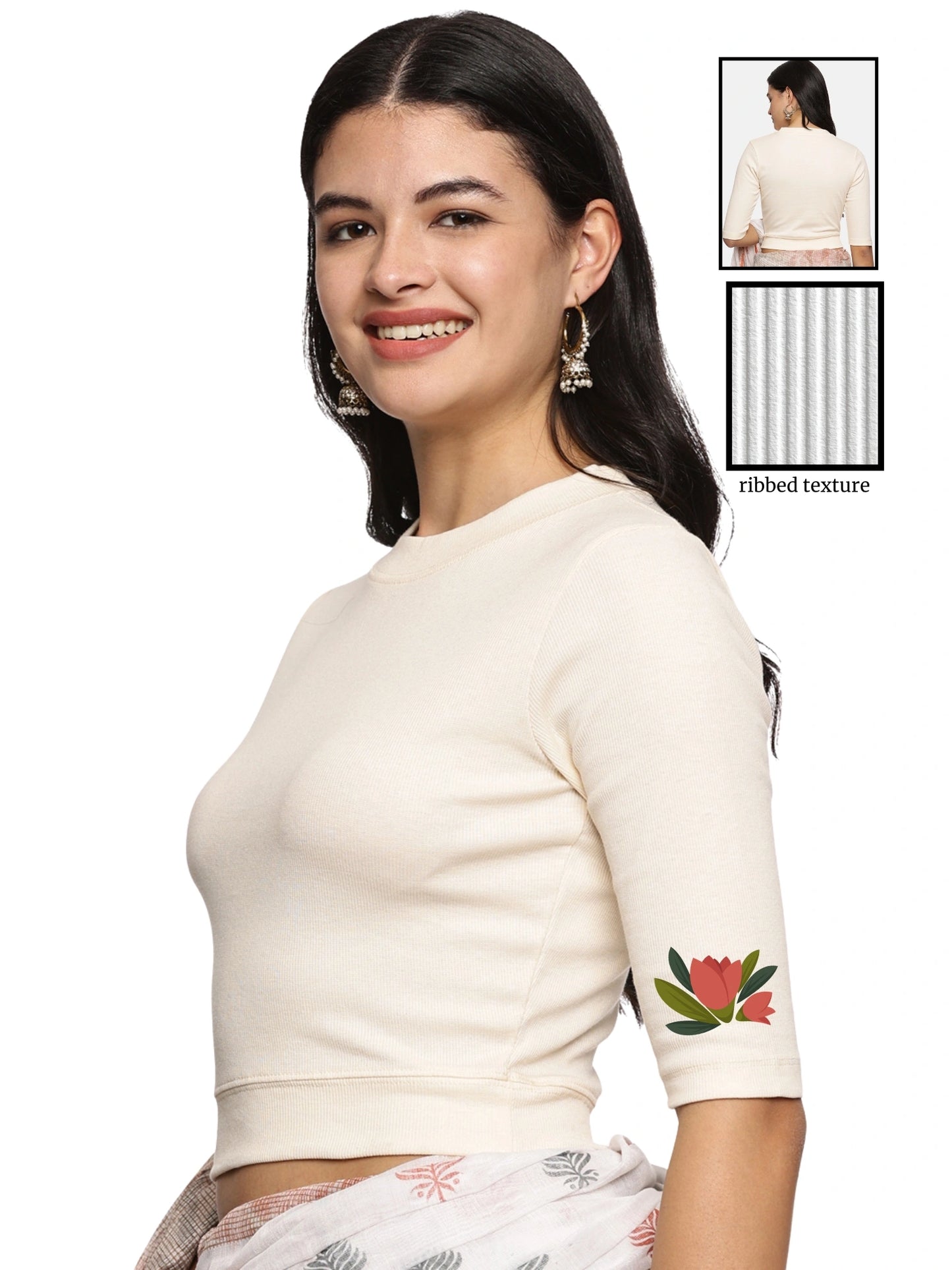 Women Back Printed Stretchable Elbow Sleeve RIB Blouse U0115 Cream