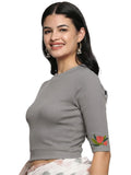Women Back Printed Stretchable Elbow Sleeve RIB Blouse U0115 LT Steel Grey