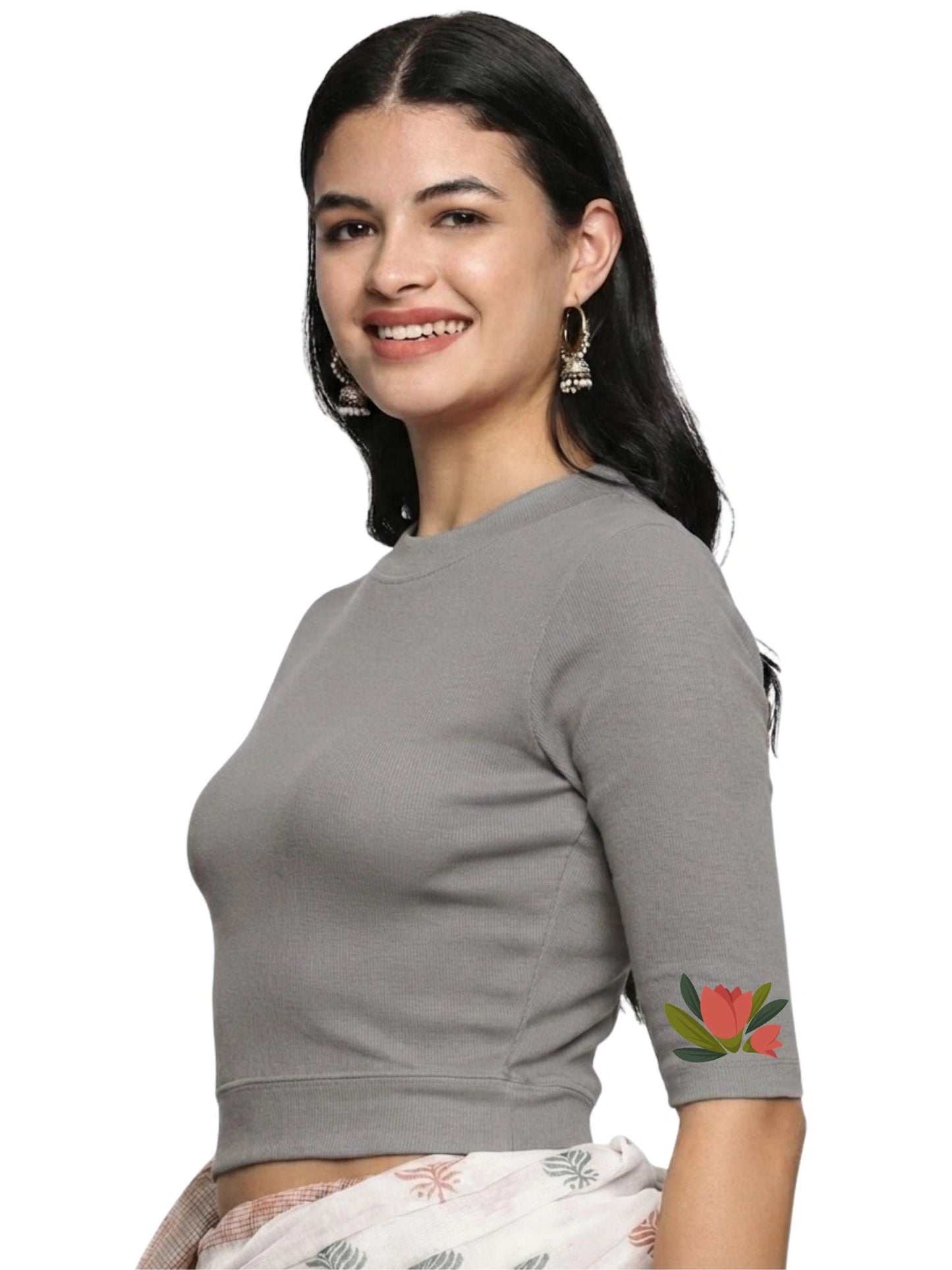 Women Back Printed Stretchable Elbow Sleeve RIB Blouse U0115 LT Steel Grey
