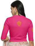 Women Back Printed Stretchable Elbow Sleeve RIB Blouse U0116 Rani Pink