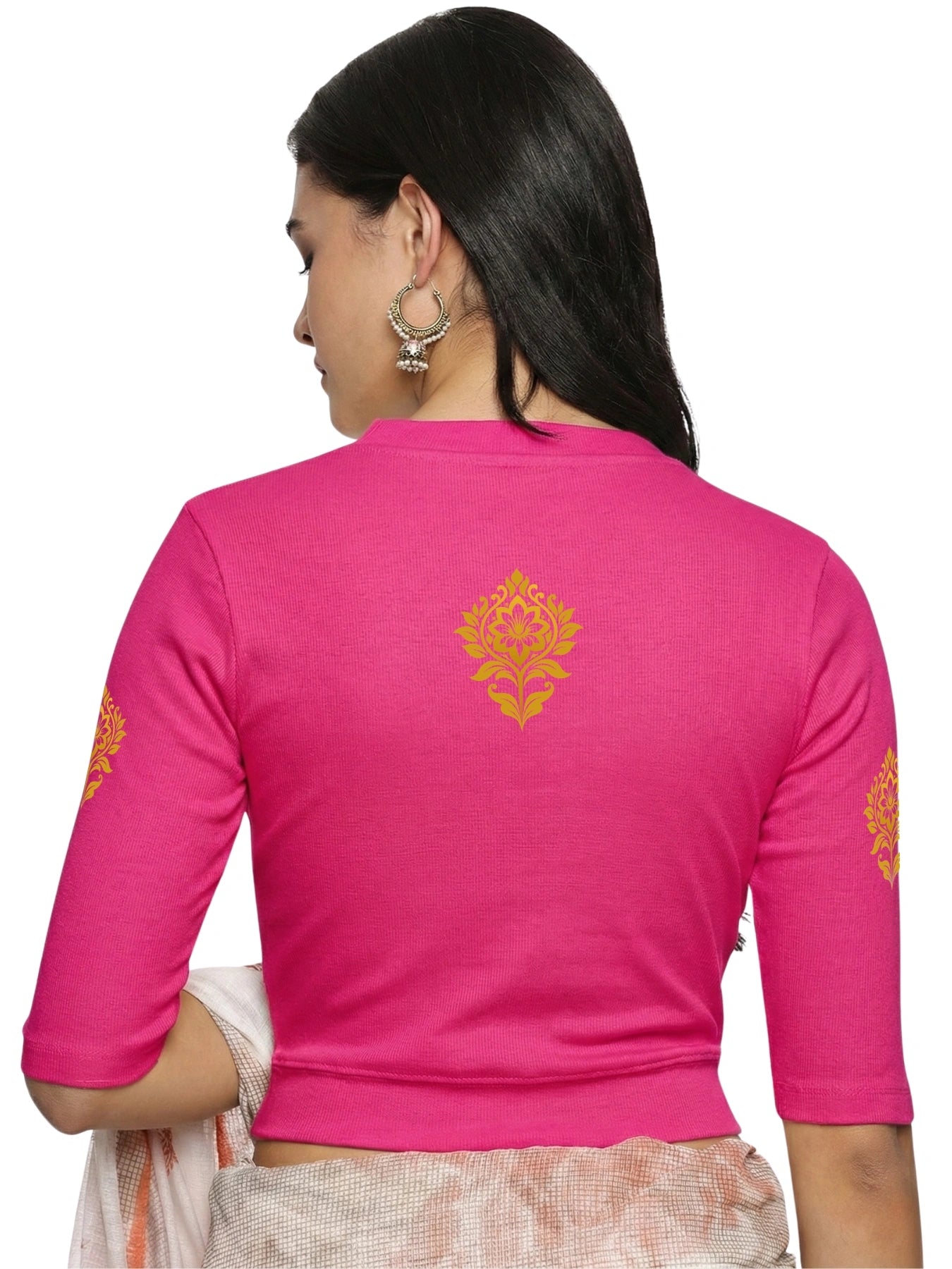 Women Back Printed Stretchable Elbow Sleeve RIB Blouse U0116 Rani Pink