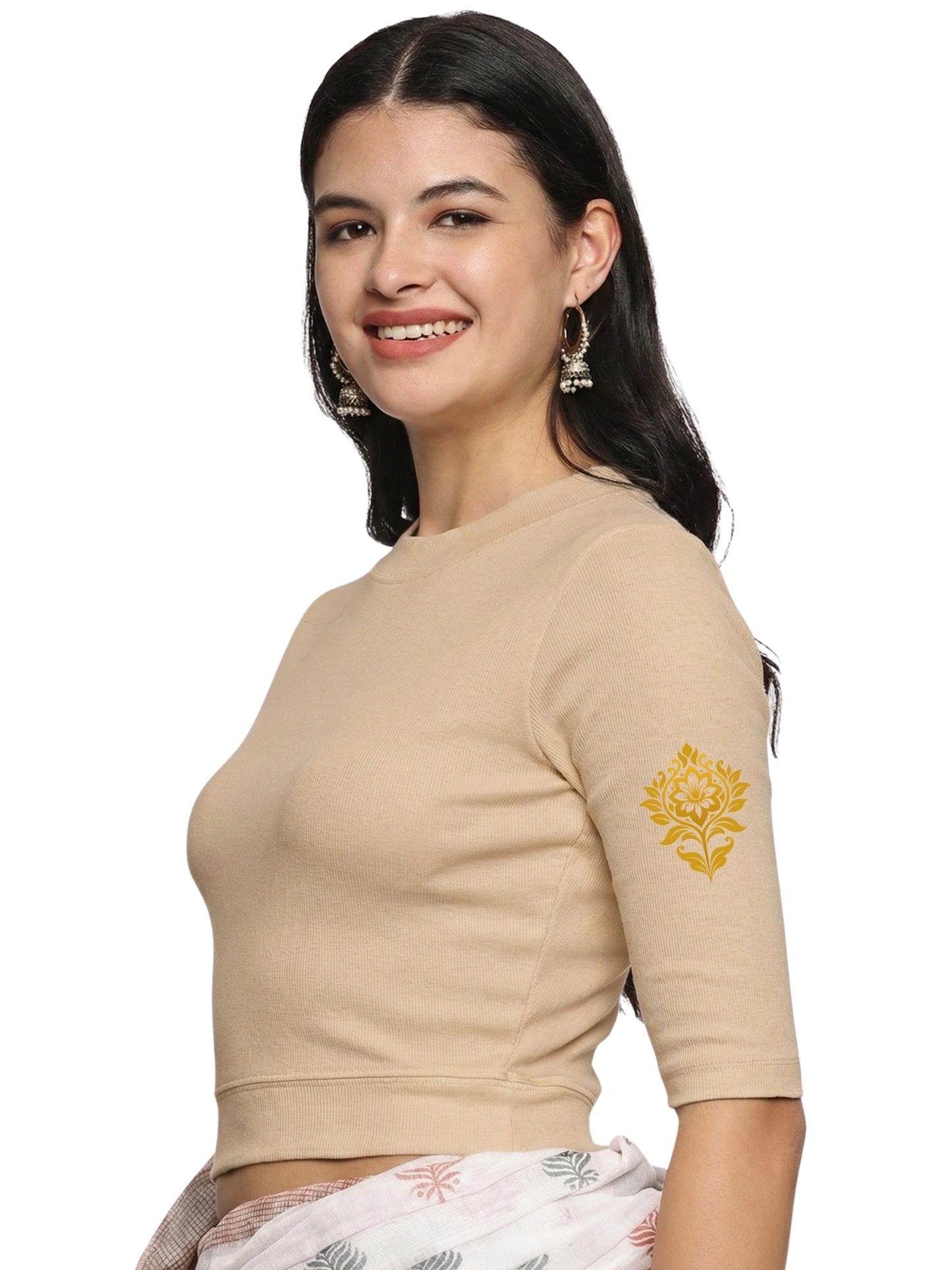 Women Back Printed Stretchable Elbow Sleeve RIB Blouse U0116 Chikoo