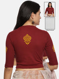 Women Back Printed Stretchable Elbow Sleeve RIB Blouse U0116 Maroon