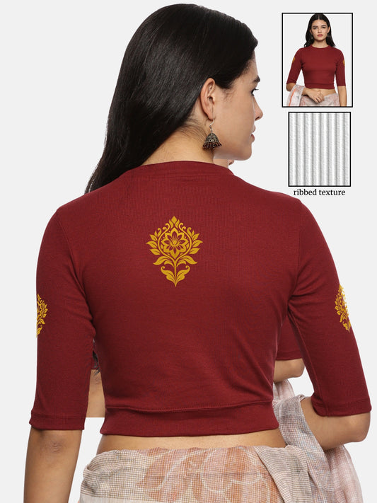 Women Back Printed Stretchable Elbow Sleeve RIB Blouse U0116 Maroon
