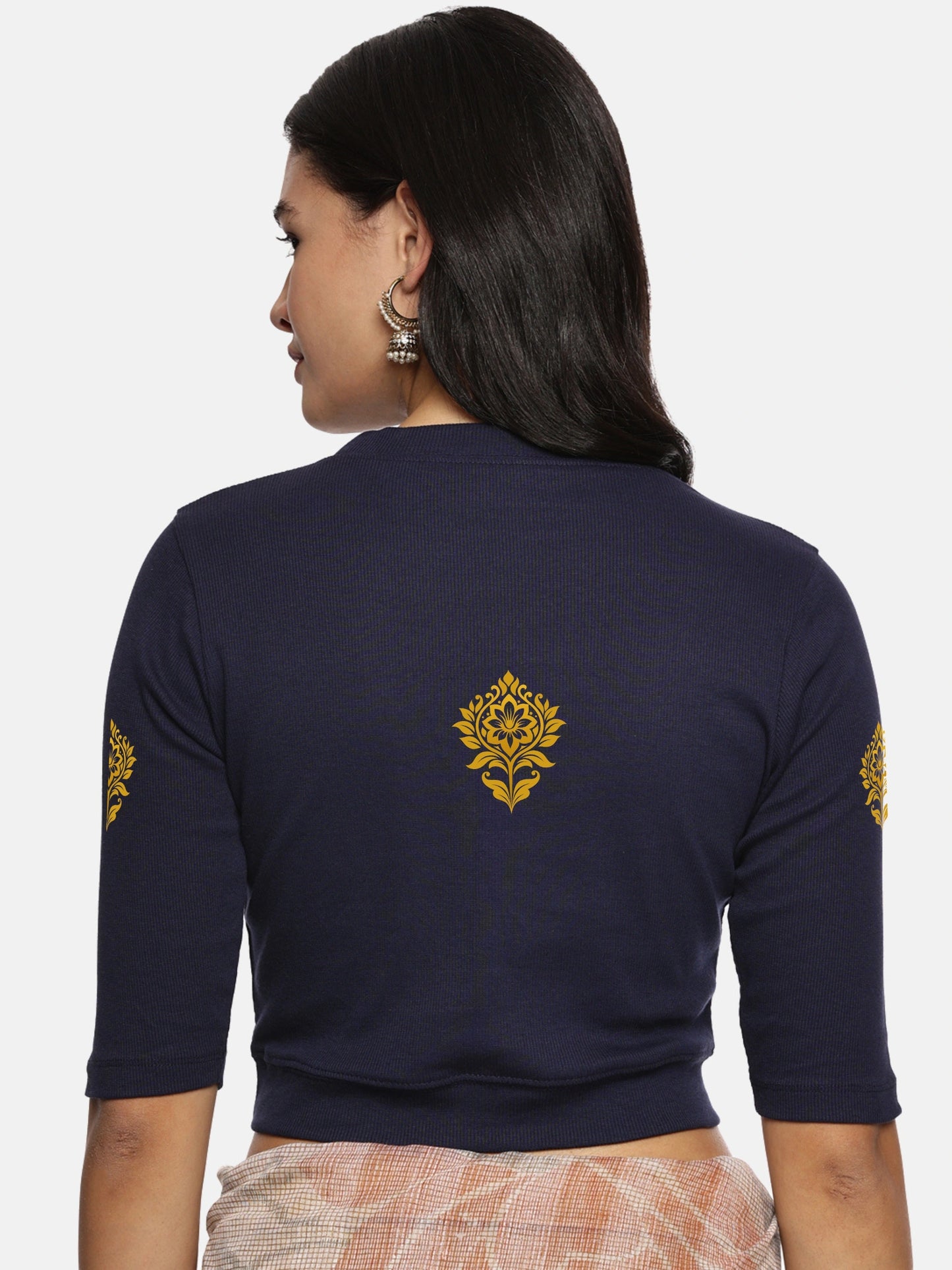 Women Back Printed Stretchable Elbow Sleeve RIB Blouse U0116 Navy