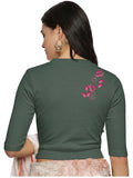 Women Back Printed Stretchable Elbow Sleeve RIB Blouse U0117 Khaki Green