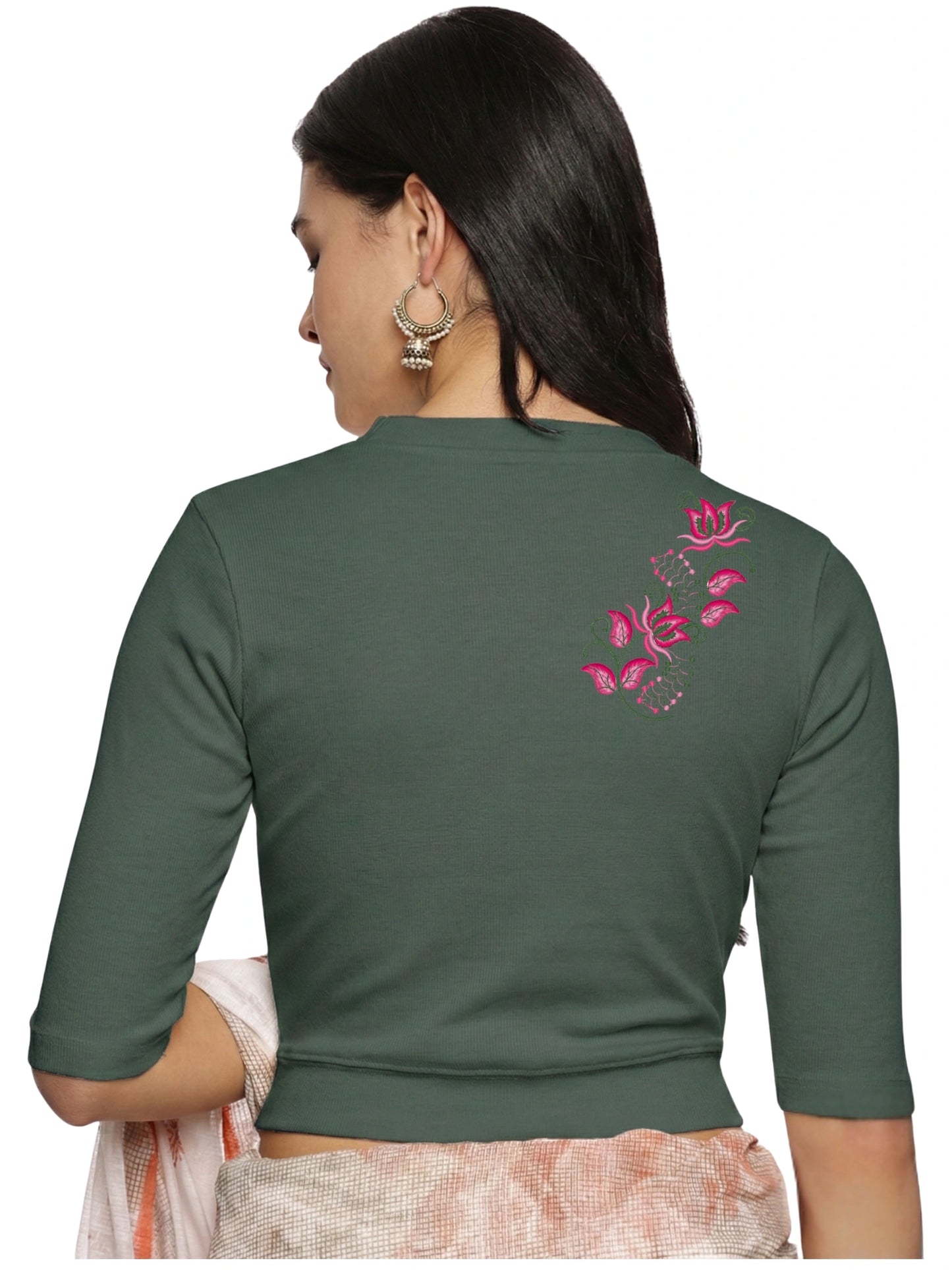 Women Back Printed Stretchable Elbow Sleeve RIB Blouse U0117 Khaki Green