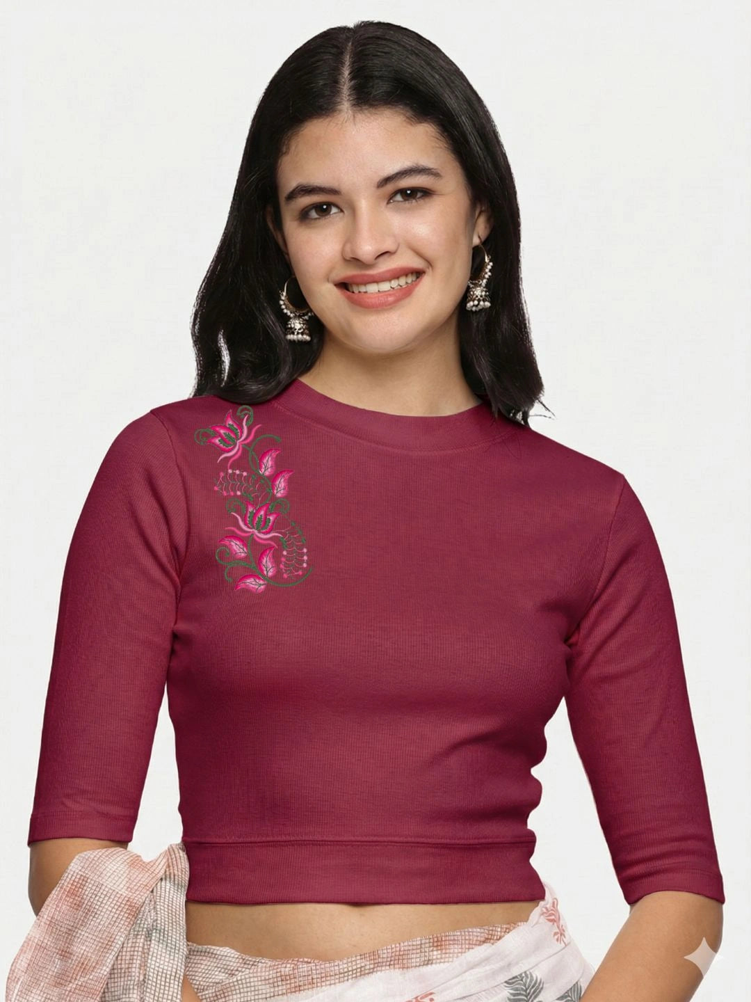 Women Back Printed Stretchable Elbow Sleeve RIB Blouse U0117 Wine Pink