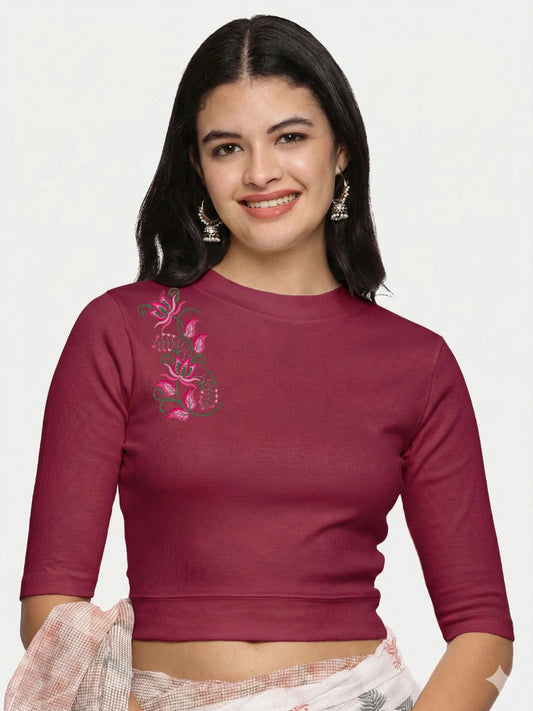 Women Back Printed Stretchable Elbow Sleeve RIB Blouse U0117 Wine Pink