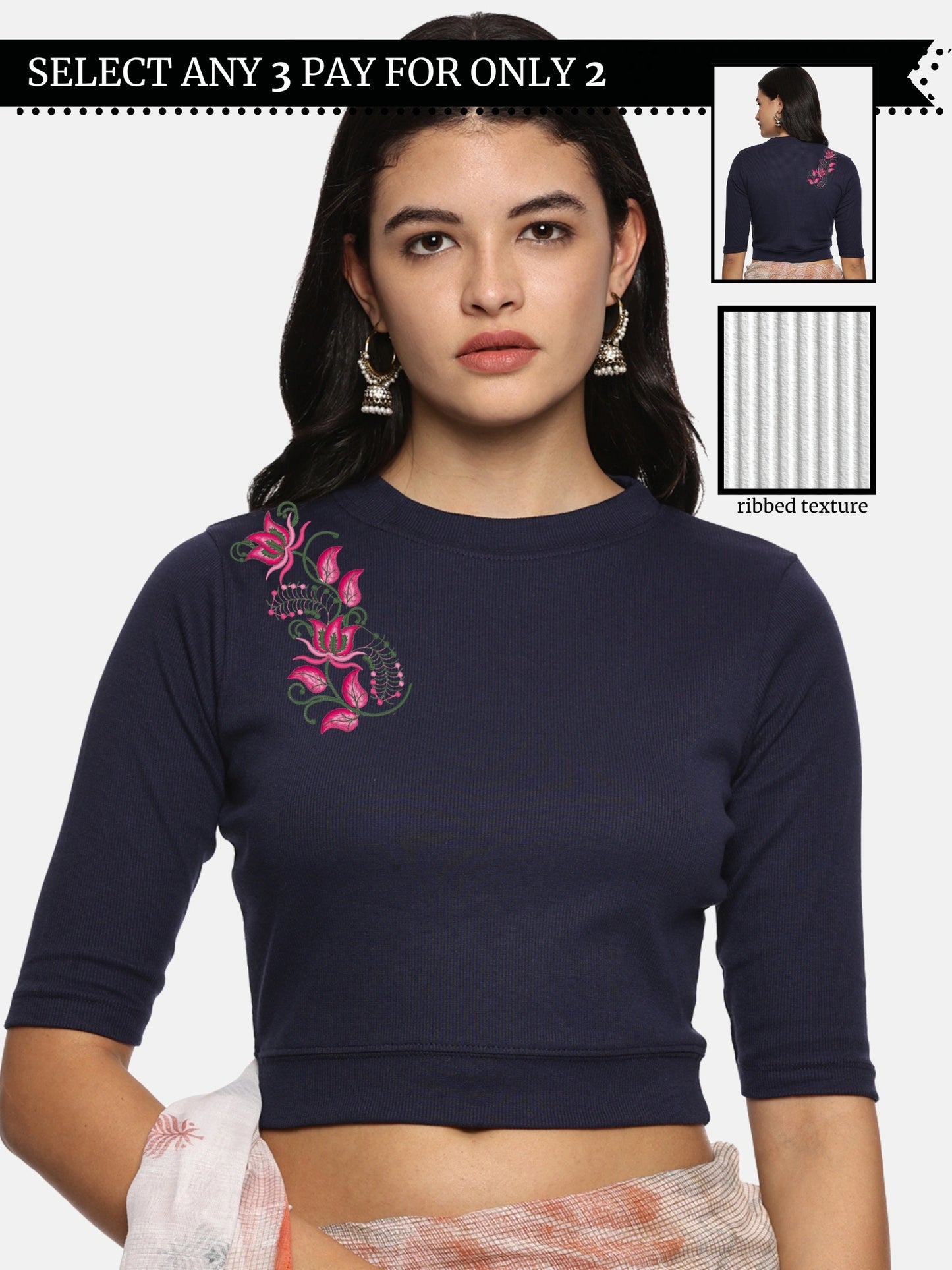 Women Back Printed Stretchable Elbow Sleeve RIB Blouse U0117 Navy
