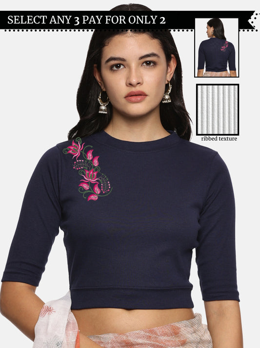 Women Back Printed Stretchable Elbow Sleeve RIB Blouse U0117 Navy