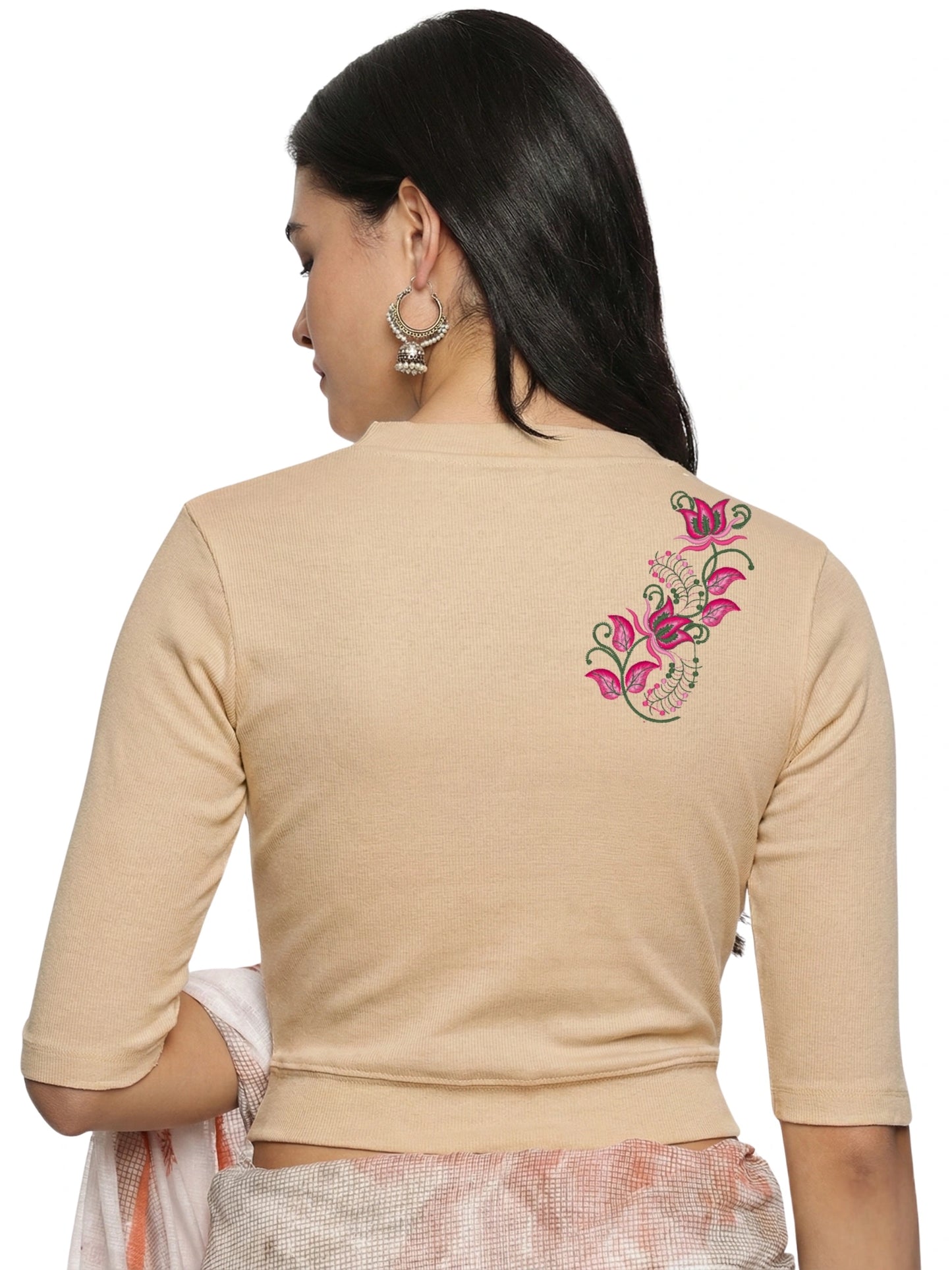 Women Back Printed Stretchable Elbow Sleeve RIB Blouse U0117 Chikoo