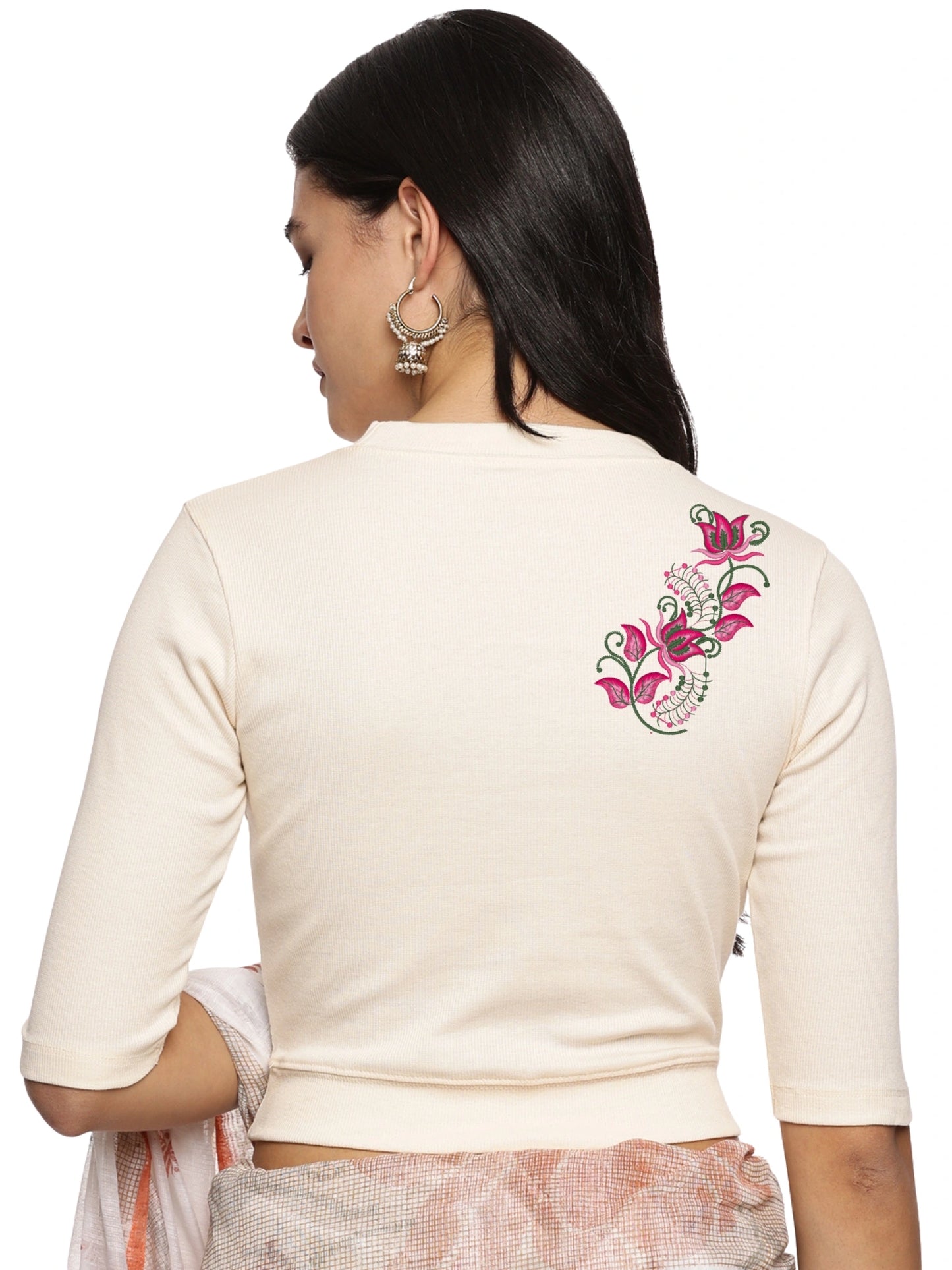 Women Back Printed Stretchable Elbow Sleeve RIB Blouse U0117 Cream
