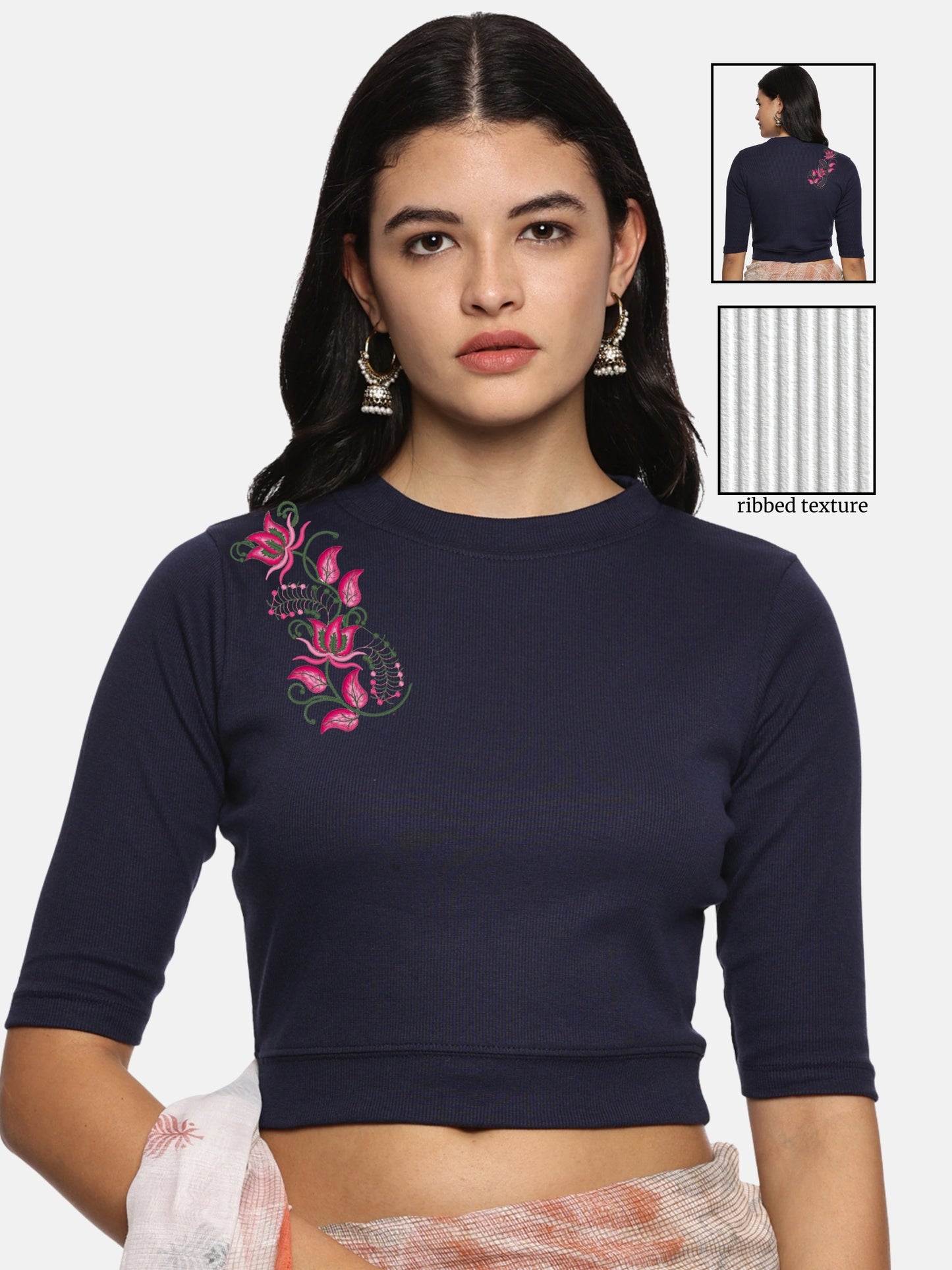 Women Back Printed Stretchable Elbow Sleeve RIB Blouse U0117 Navy