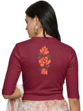 Women Back Printed Stretchable Elbow Sleeve RIB Blouse U0118 Wine Pink