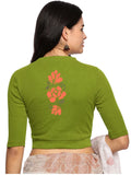 Women Back Printed Stretchable Elbow Sleeve RIB Blouse U0118 Dark Parrot Green