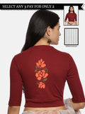 Women Back Printed Stretchable Elbow Sleeve RIB Blouse U0118 Maroon