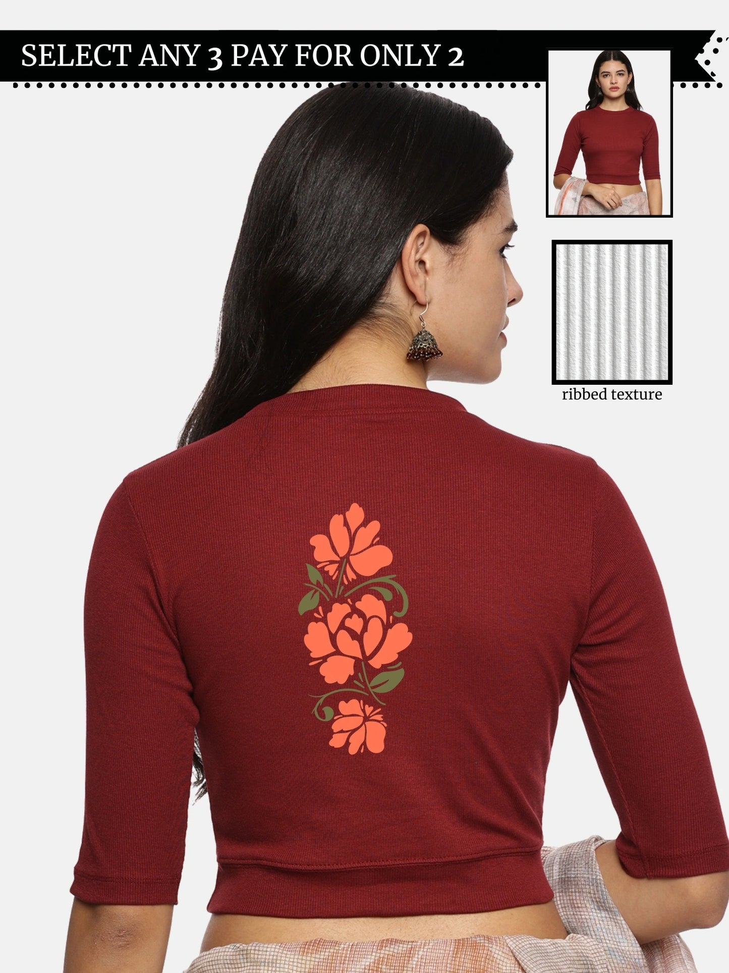 Women Back Printed Stretchable Elbow Sleeve RIB Blouse U0118 Maroon