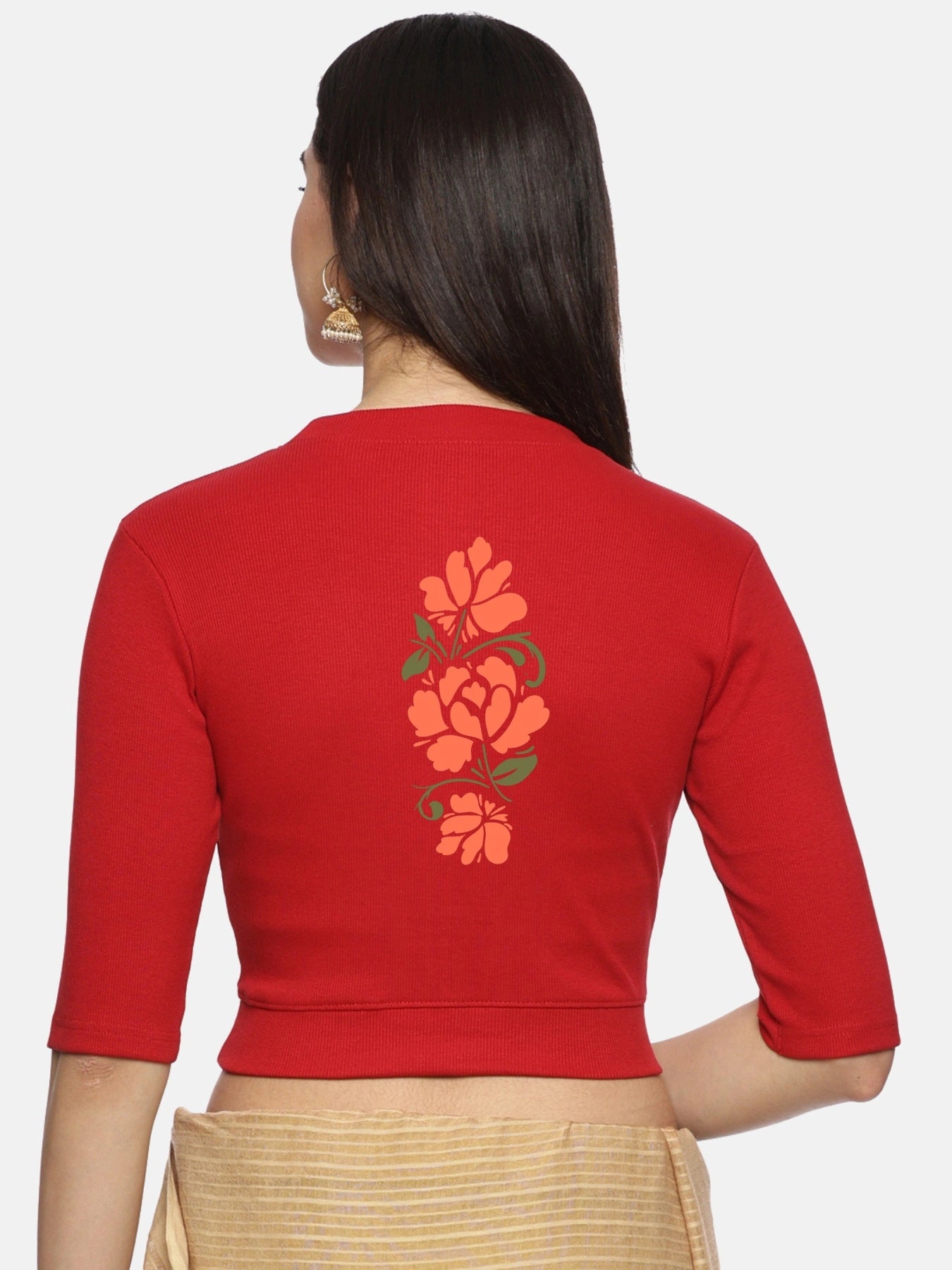 Women Back Printed Stretchable Elbow Sleeve RIB Blouse U0118