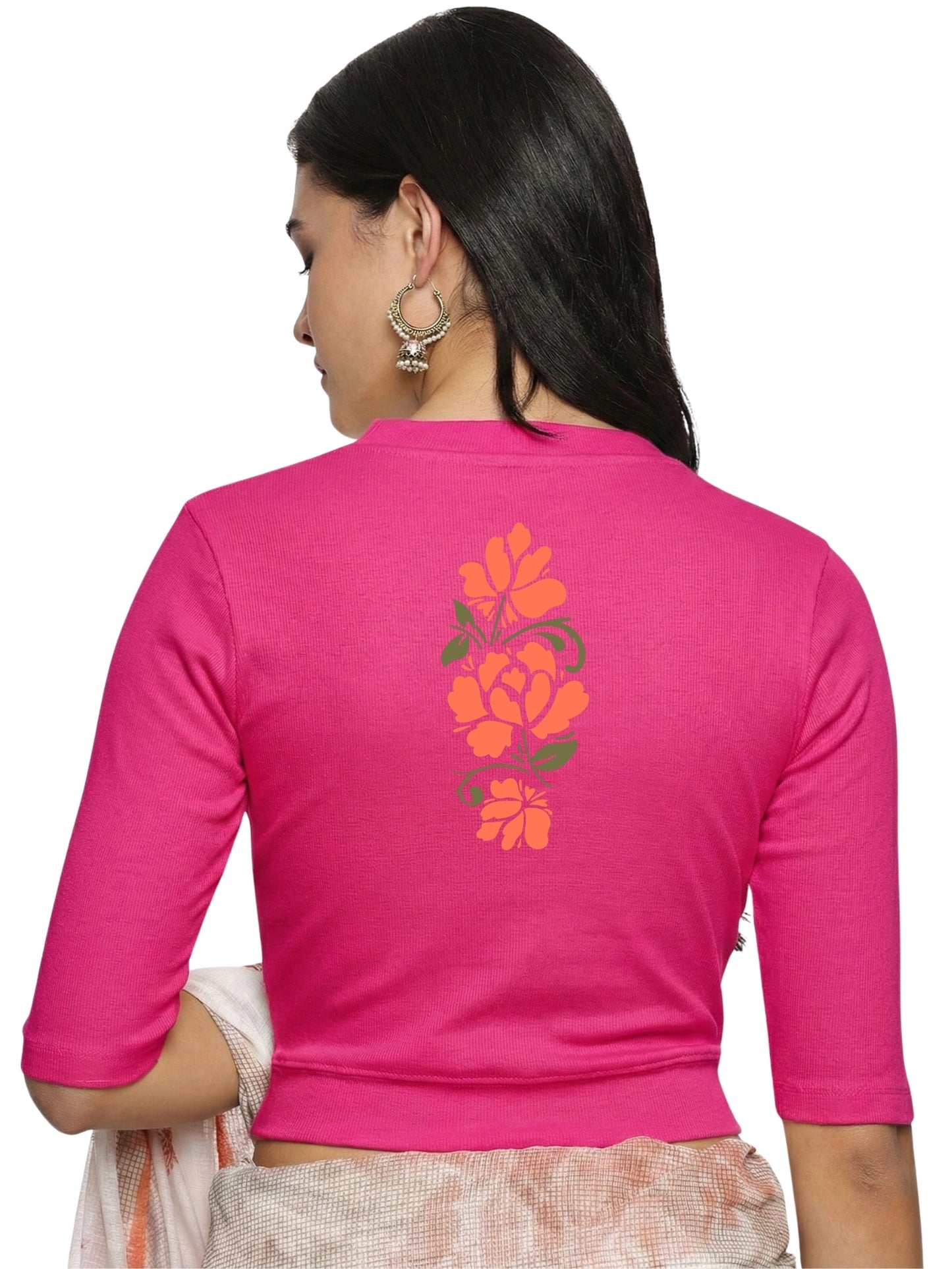 Women Back Printed Stretchable Elbow Sleeve RIB Blouse U0118 Rani Pink