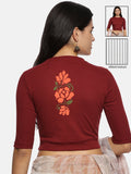 Women Back Printed Stretchable Elbow Sleeve RIB Blouse U0118 Maroon