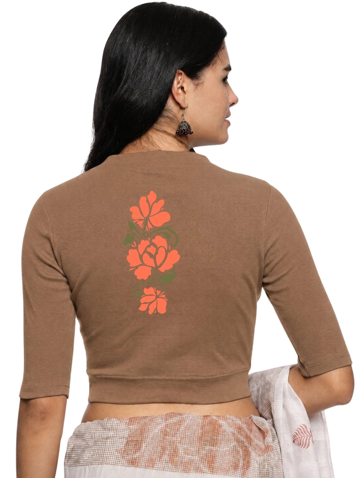 Women Back Printed Stretchable Elbow Sleeve RIB Blouse U0118 Biscuit