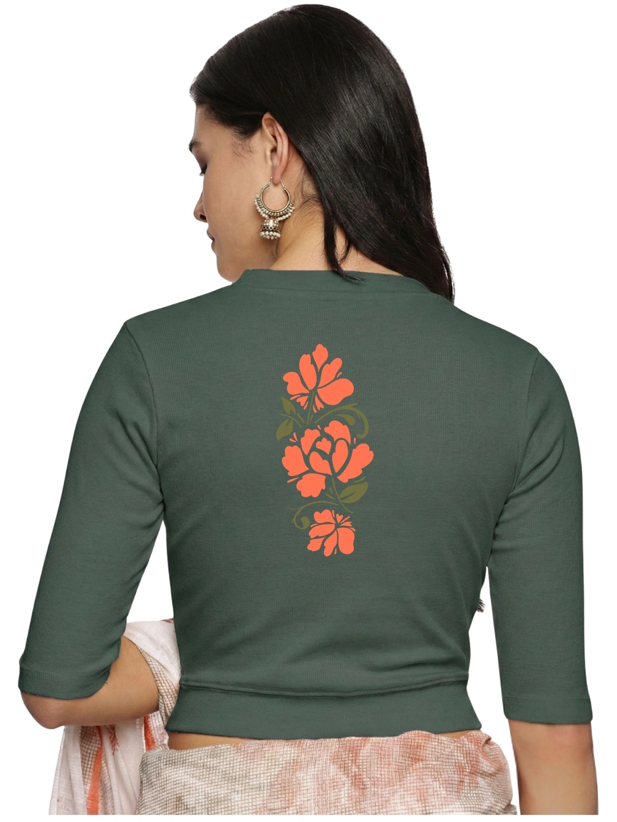Women Back Printed Stretchable Elbow Sleeve RIB Blouse U0118 Khaki Green
