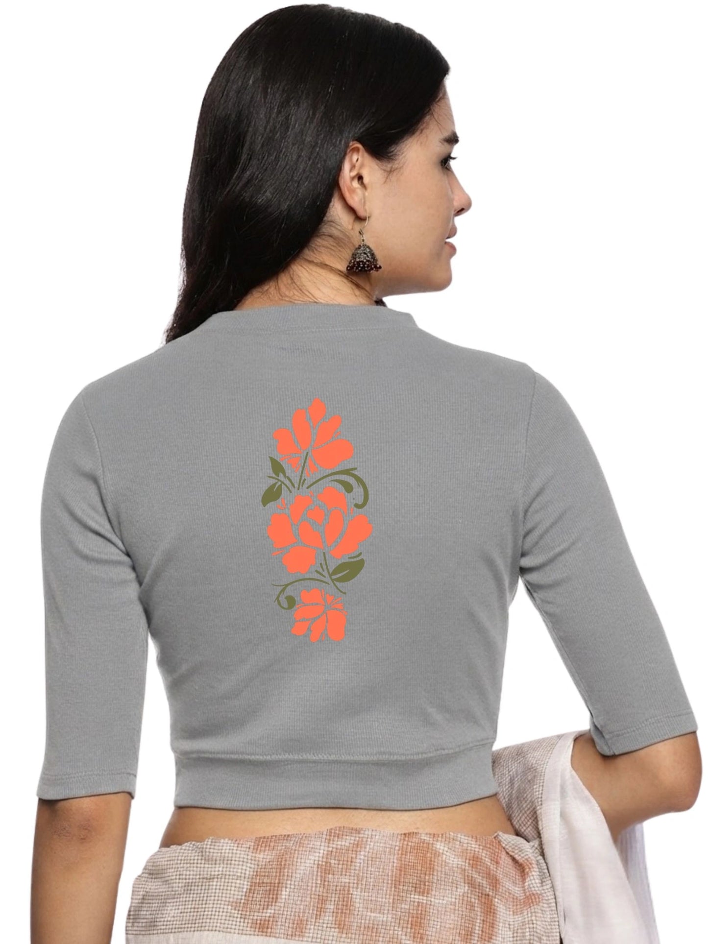 Women Back Printed Stretchable Elbow Sleeve RIB Blouse U0118 LT Steel Grey
