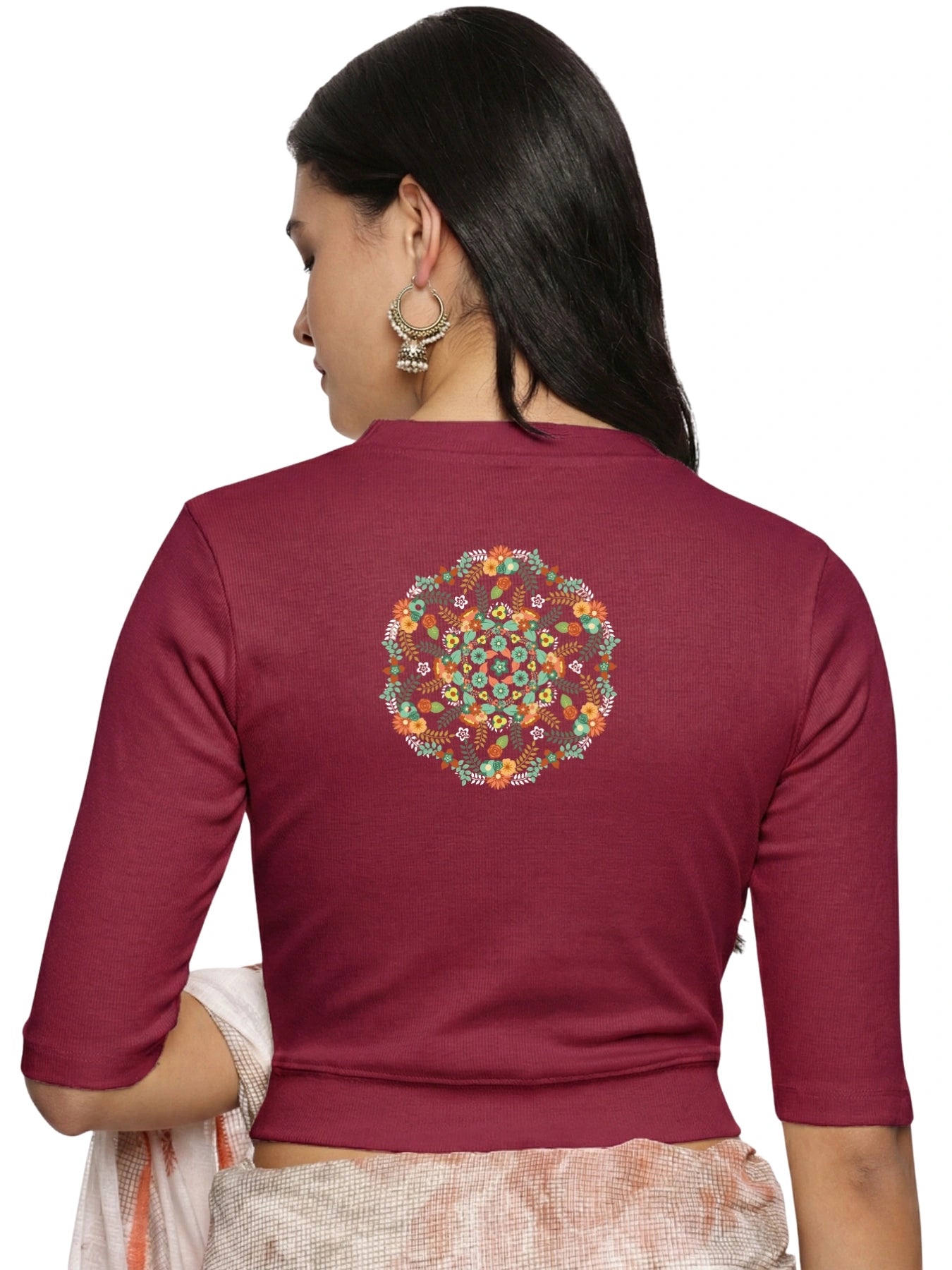 Women Back Printed Stretchable Elbow Sleeve RIB Blouse U0119 Wine Pink
