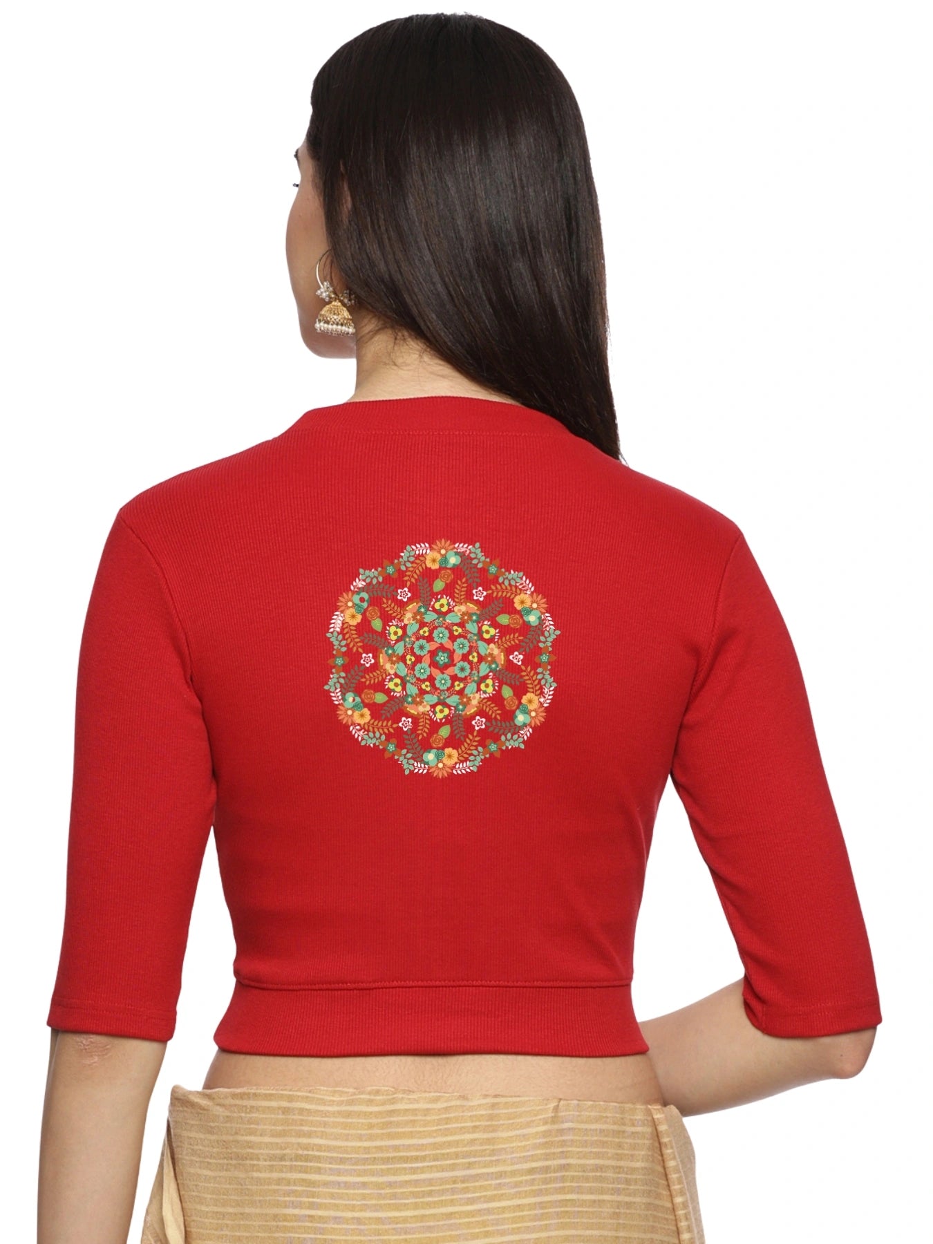 Women Back Printed Stretchable Elbow Sleeve RIB Blouse U0119