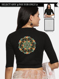 Women Back Printed Stretchable Elbow Sleeve RIB Blouse U0119 Black