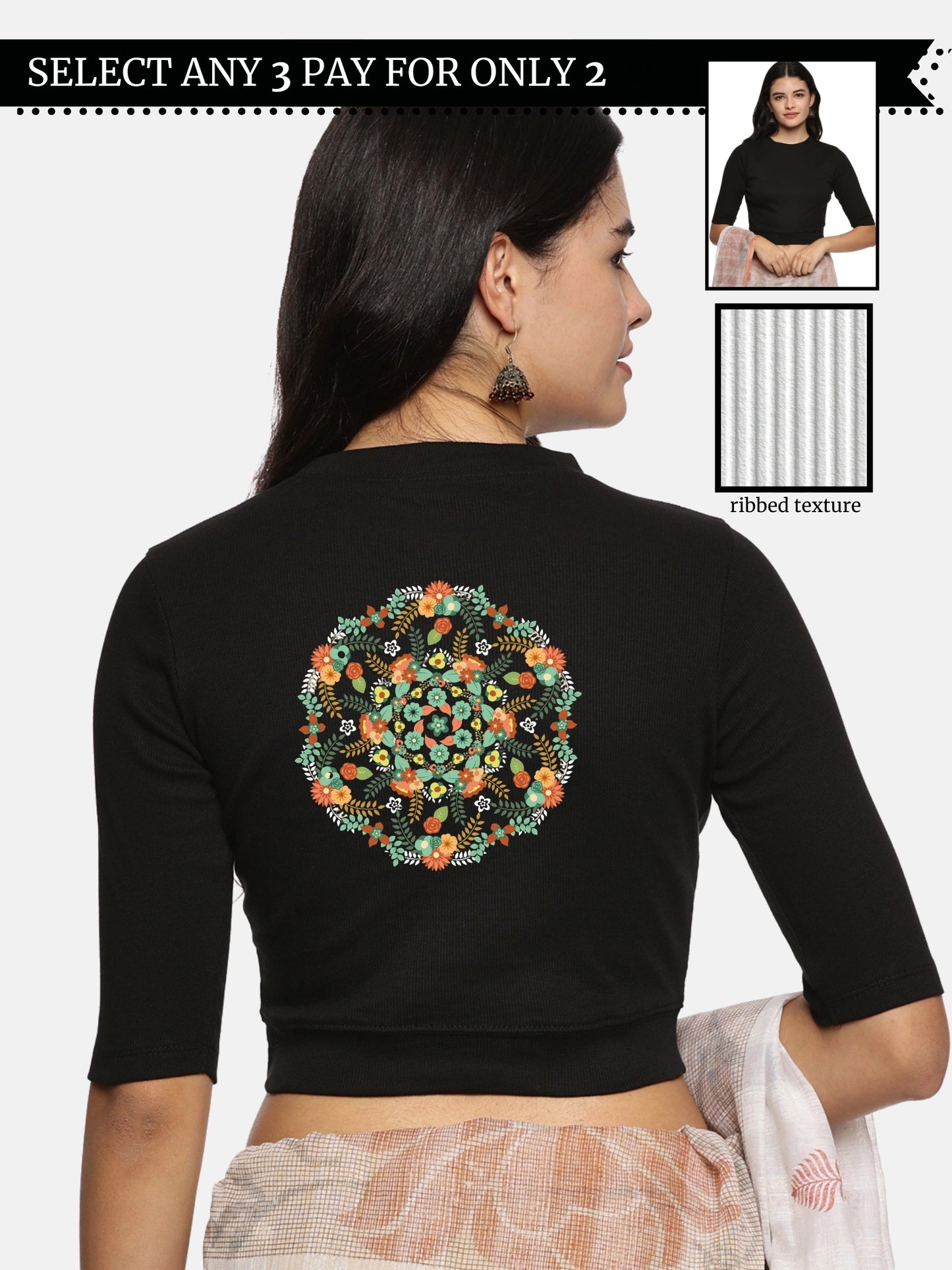 Women Back Printed Stretchable Elbow Sleeve RIB Blouse U0119 Black