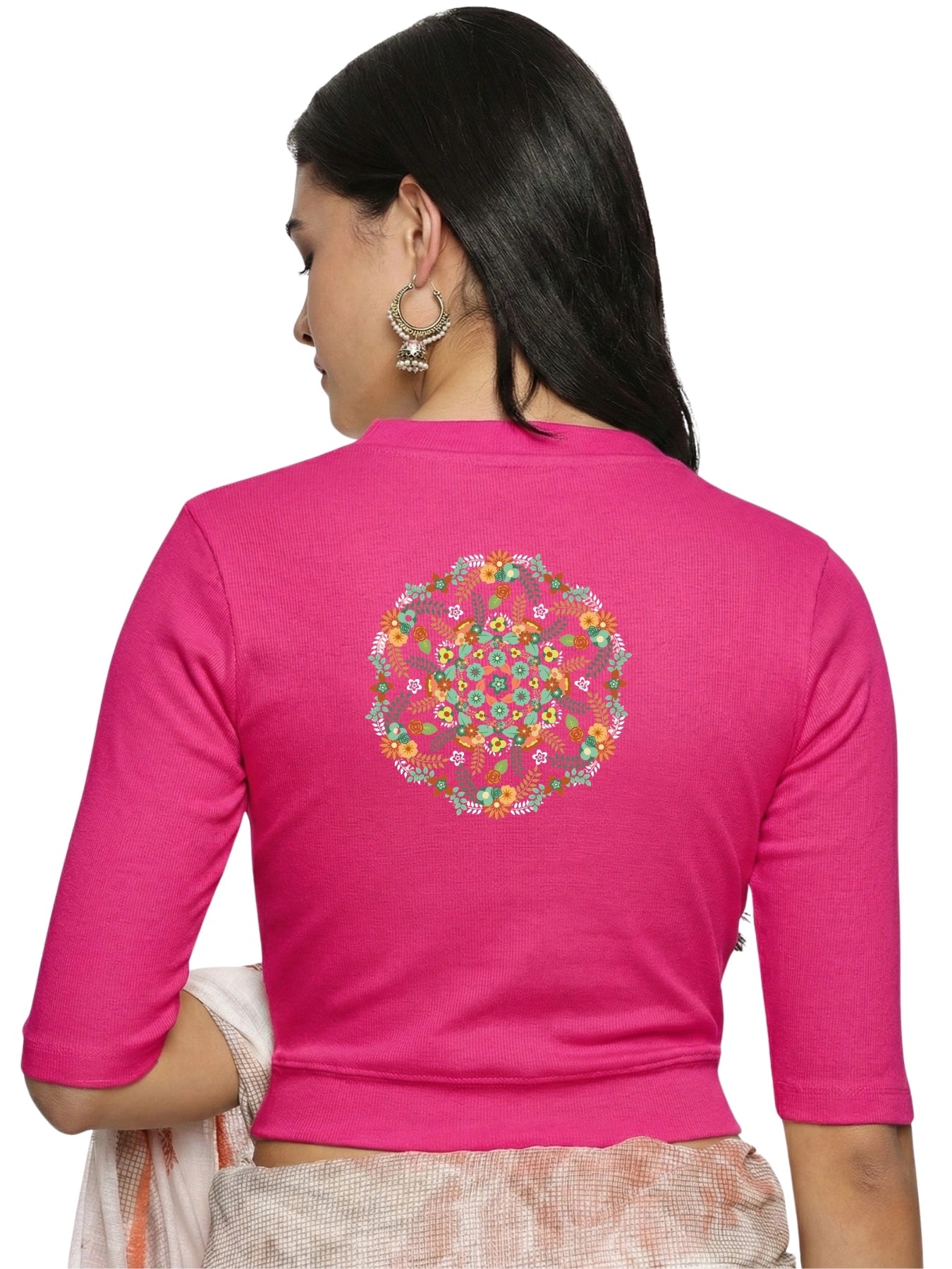 Women Back Printed Stretchable Elbow Sleeve RIB Blouse U0119 Rani Pink