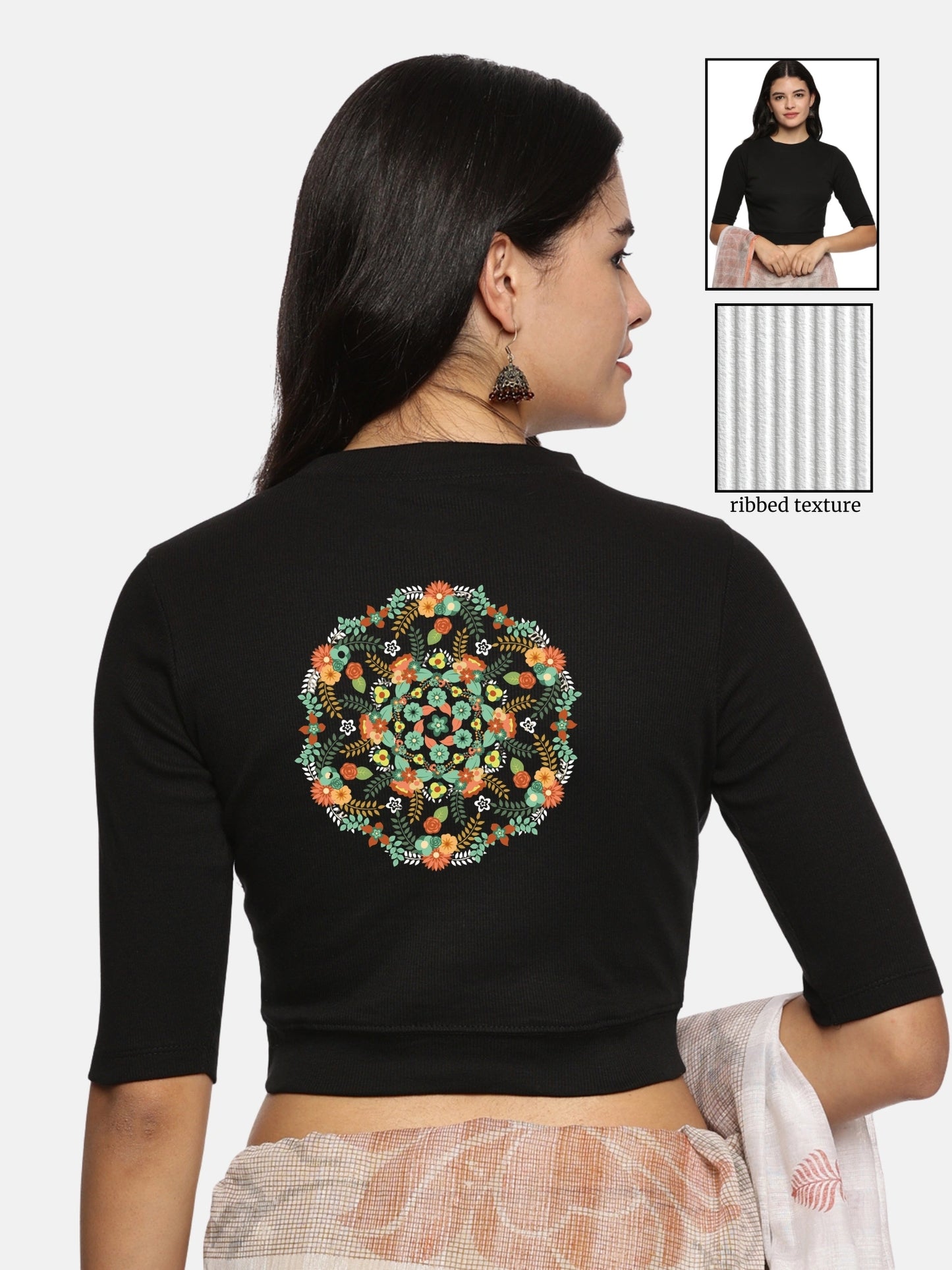 Women Back Printed Stretchable Elbow Sleeve RIB Blouse U0119 Black